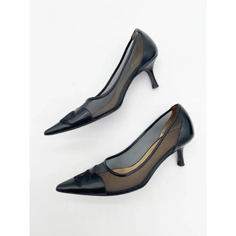Chanel Vintage Black Mesh Leather CC Cap Toe Pointed Toe Pumps Heels EU 36